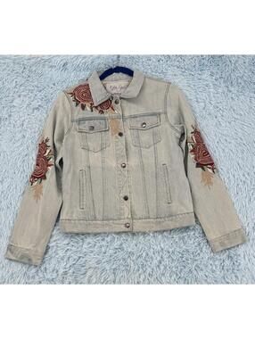 Kyla Seo Caite Women's Embroidered Denim Jean Jacket Bleached Wash Size S NWOT